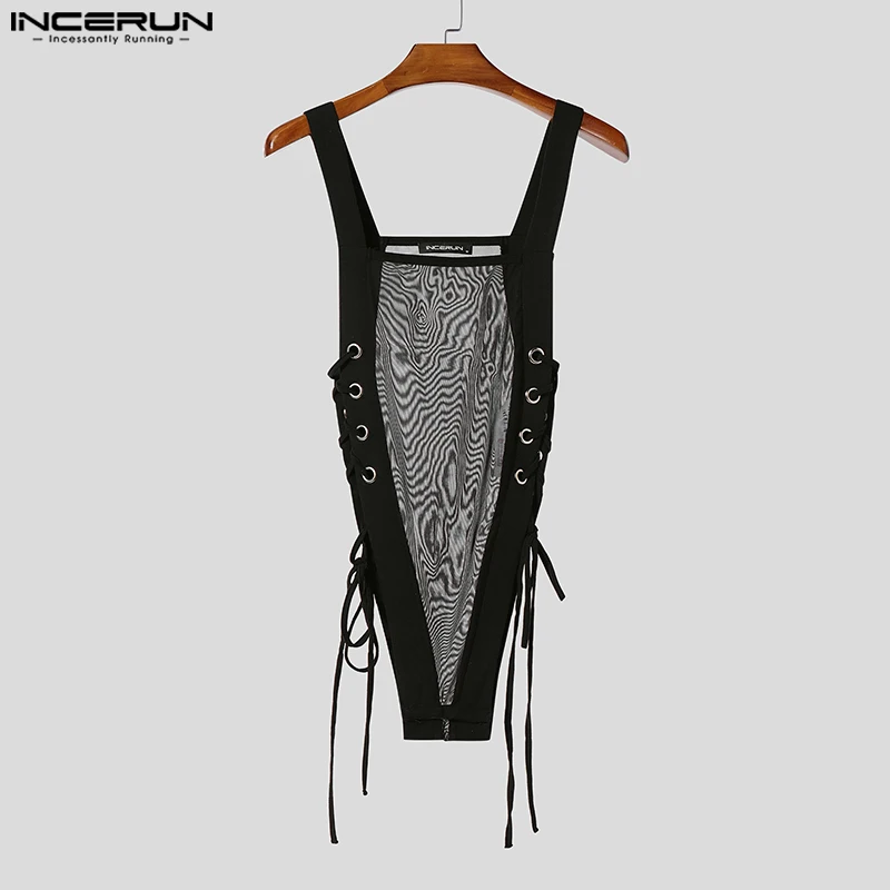 

INCERUN Men Bodysuits Mesh Sleeveless See Through Drawstring Male Rompers Tank Tops Streetwear 2025 Hollow Out Bodysuits Summer
