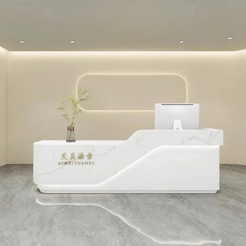 

Reception Counter Cosmetics Supermarket Table Receptionist Front Desk Salon Corner Office With Storage Escritorio Cash Curved