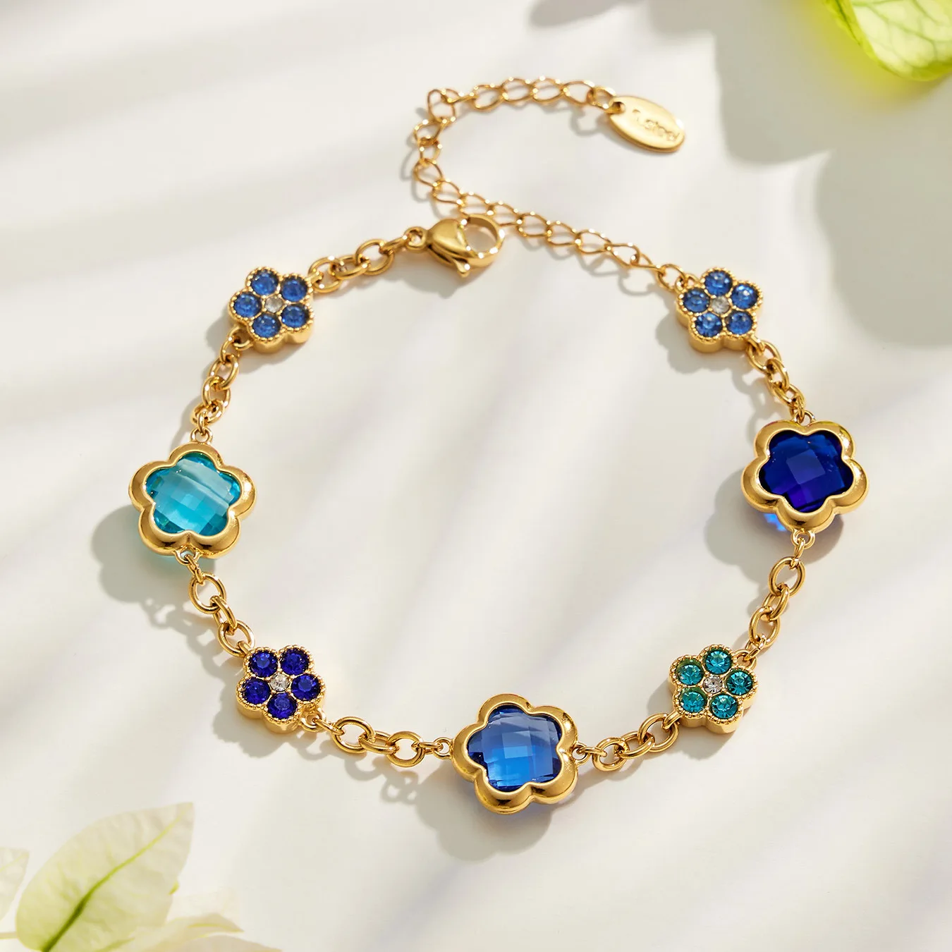 Funkelndes Facettiertes Glasstein-Armband Blumen-Armbänder Edelstahl-Kettenarmband 18k Vergoldete Armbänder für Frauen – Detail 5