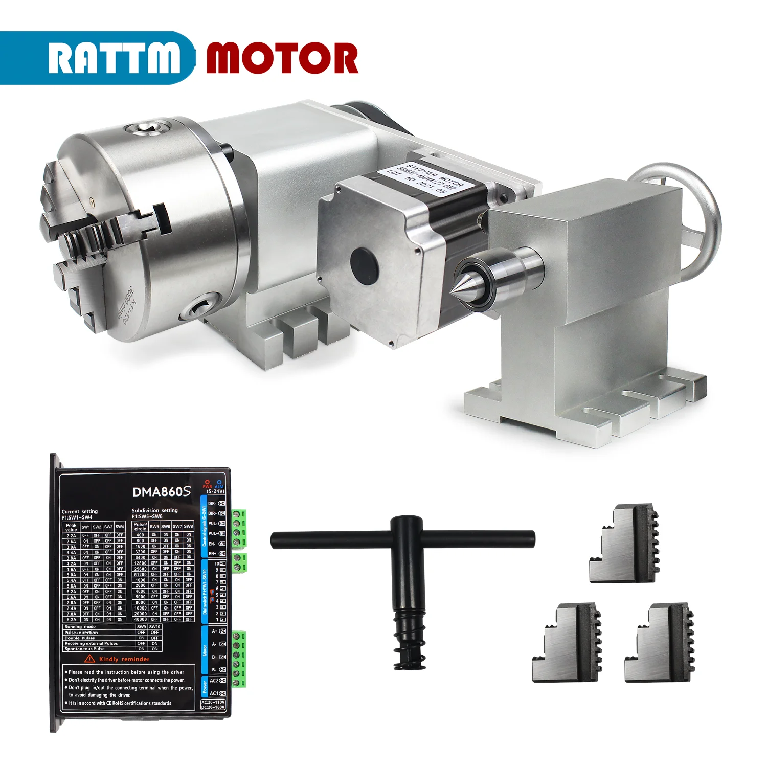 Large 30mm hole CNC Fouth 4th A Rotation Axis Kit 3 Jaw K11 130mm Chuck Nema 34 Closer Loop Servo Motor With 100mm Tailstock