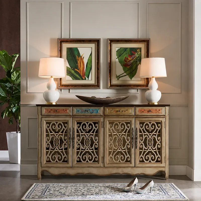 1.8m Tall Champagne Solid Wood Shoe Cabinet Hollow Door Entryway Storage Sideboard Luxury Foyer Console