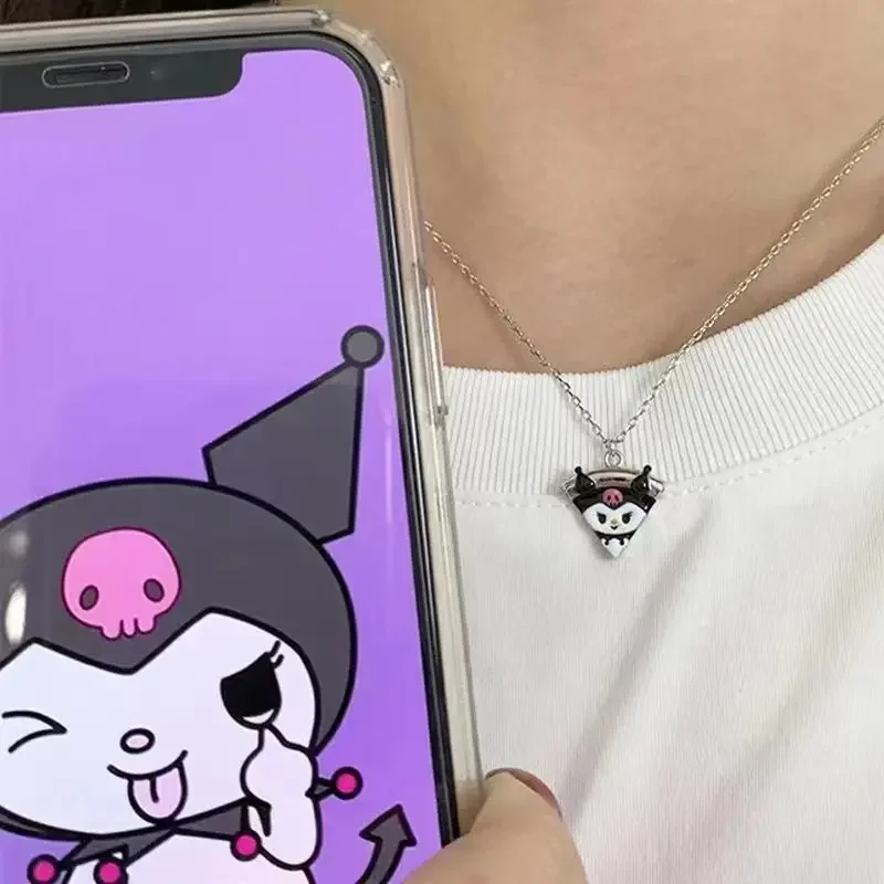 Sanrio Anime Cartoon My Melody Cinnamoroll Hello Kitty Kuromi Necklace Kawaii Cute Magnetic Pizza Lovers Bestie Necklace Pendant