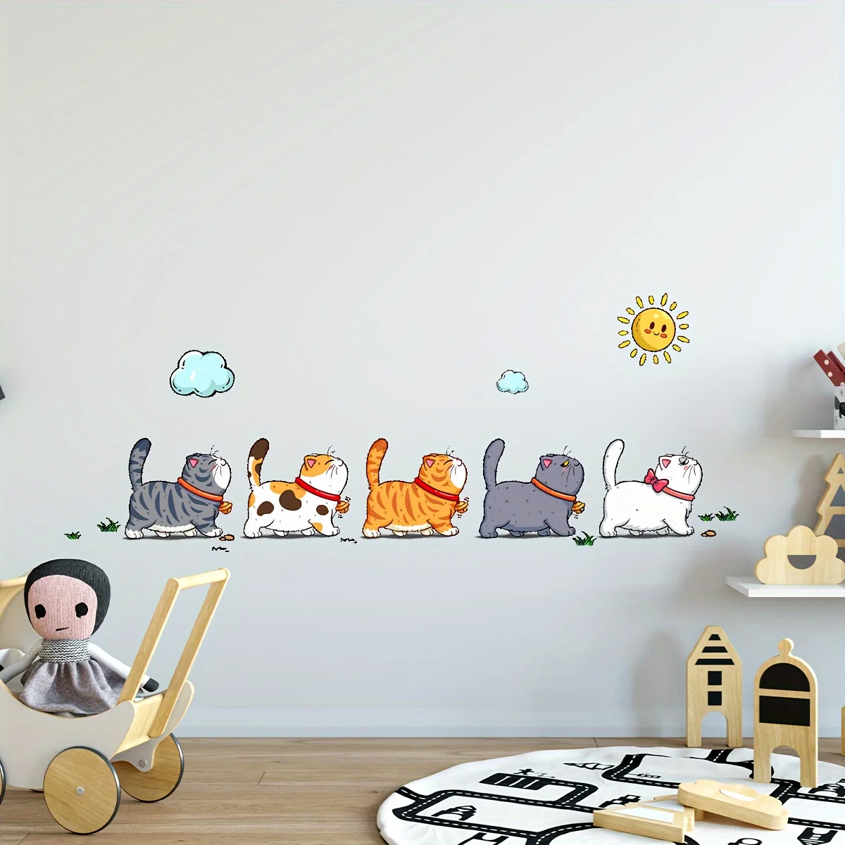 1Sheet Kitten Leisure Walking Wall Stickers for Living Room Bedroom Wall Waterproof Vinyl Decals Cartoon Animal Home Decoration