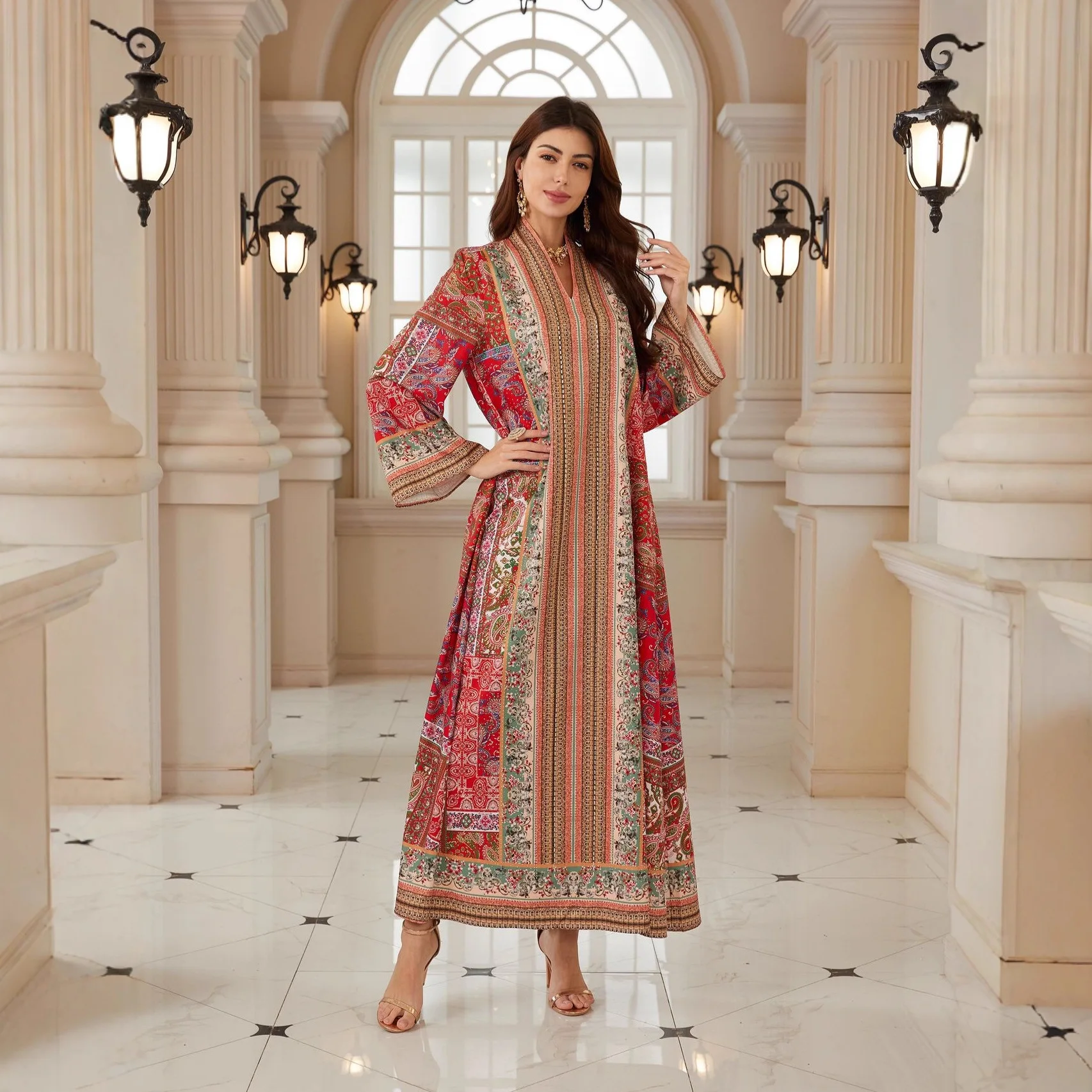 Turkey Muslim 2026 New Fashion Women Red V-neck Long Sleeve Ankle Length Elegant Casual Loose Fit Abaya Dresses Female Jalabiya 3