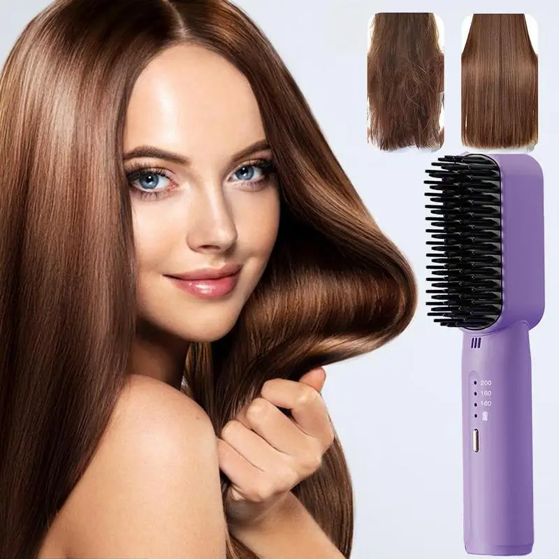 Mini Cordless Hair Straightener Portable Hair Straightener Comb Quick Heat Up Rechargeable Heated Hair Straightening Brush