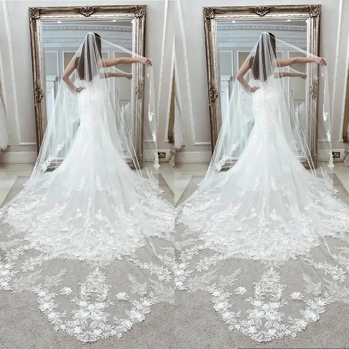 

Custom Bridal Wedding Veil 3D Floral Appliques Tulle Cathedral Length Bride Veils With Comb Accessories