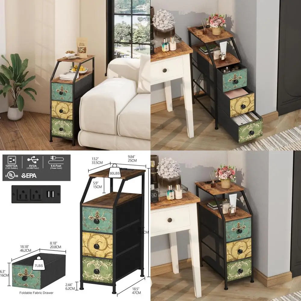 

Vertical Slim Chest Drawers with Charging Station for Small Spaces: Retro Flower Design, 3-Drawer Nightstand/Side Table