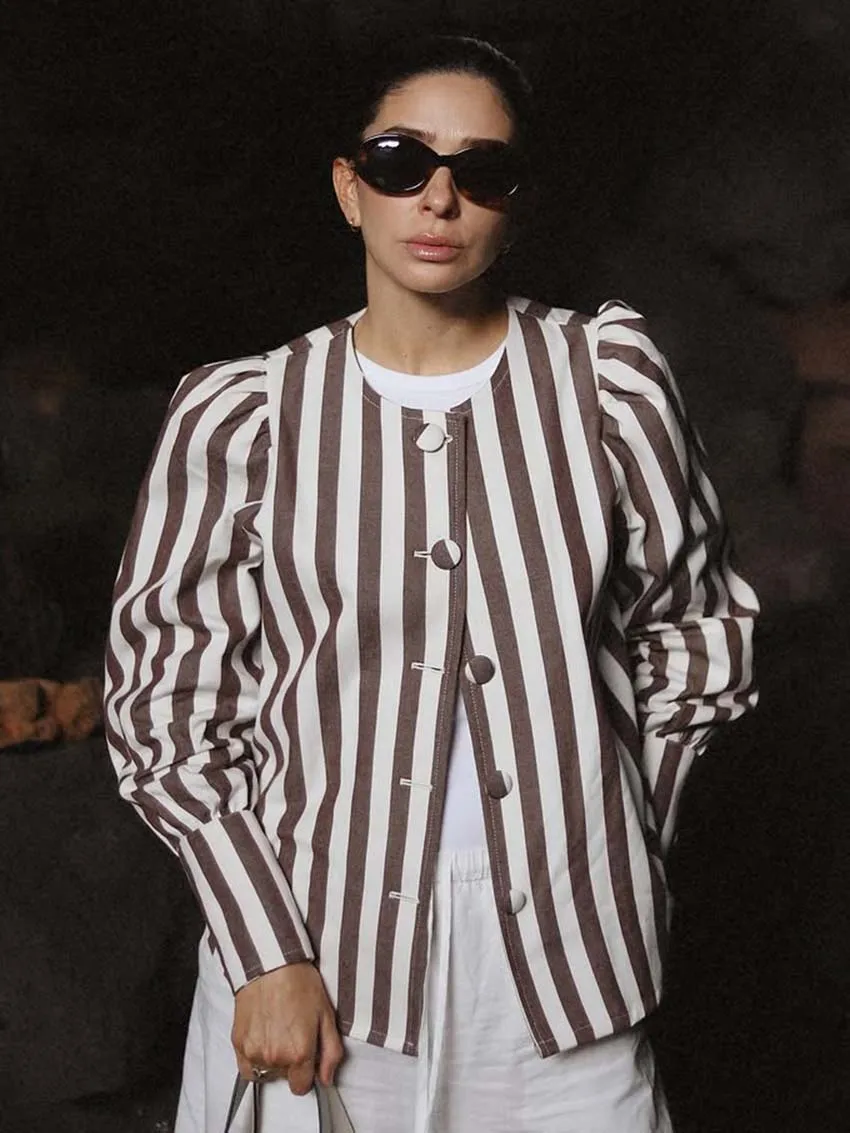 

Oymimi Casual Brown Print Women's Shirt Elegant O-Neck Long Sleeve Blouses Fashion New Single Breasted Shirts Female Clothing