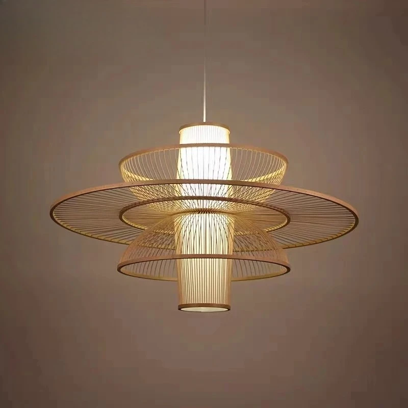 Minimalist Stylish Bamboo wooden Wicker Rattan Hand-knitted LED Pendant Light Lustre Lamp for Living Room Decoration Chandeliers