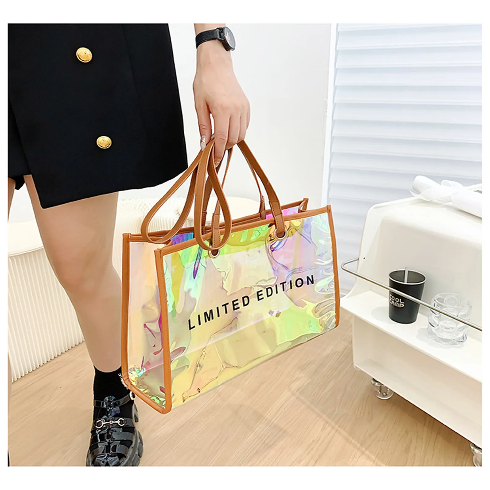 Fashion Women Clear Tote Bag PVC Laser Waterproof Transparent Handbags Large Capacity Shoulder Bag Summer Beach Portable Bags