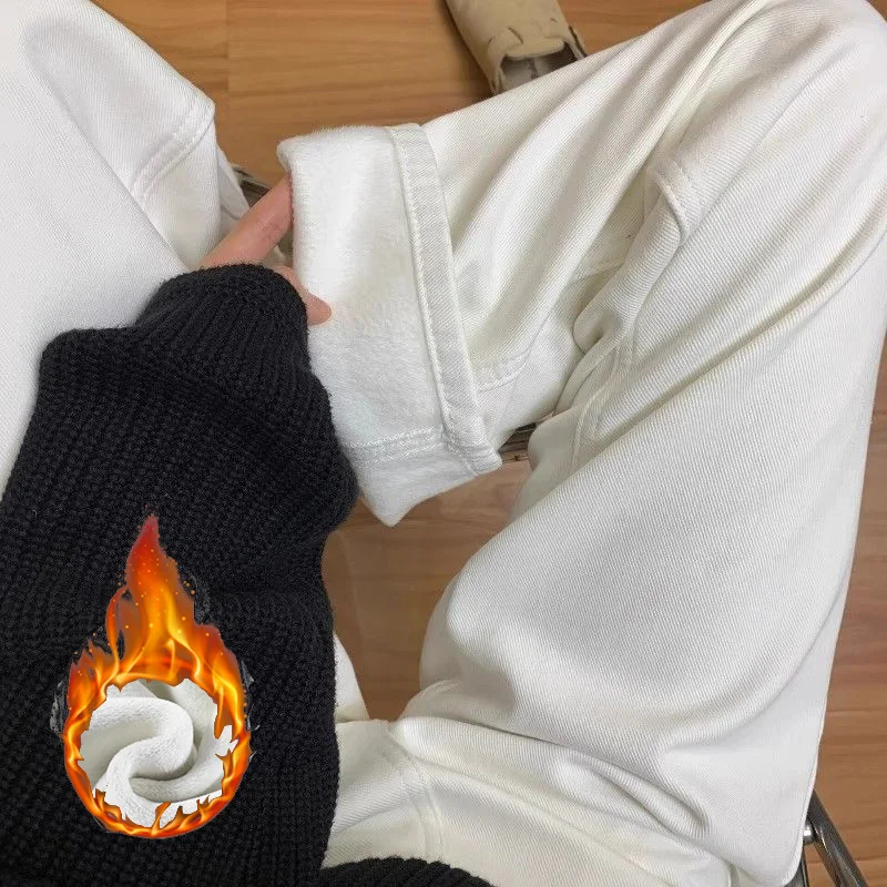 Winter Lady Solid High Waist Plush Thermal Jeans Hot Sale Girls Fleece Denim Pants Female Snow Warm Straight Leg Trousers