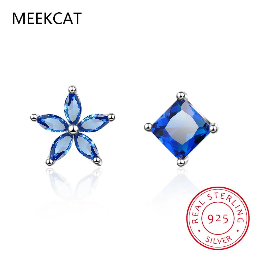 Square Princess Cut Blue Created Sapphire 925 Sterling Silver Square & Flowers Stud Earring for Women Fashion Gemstone Jewelry