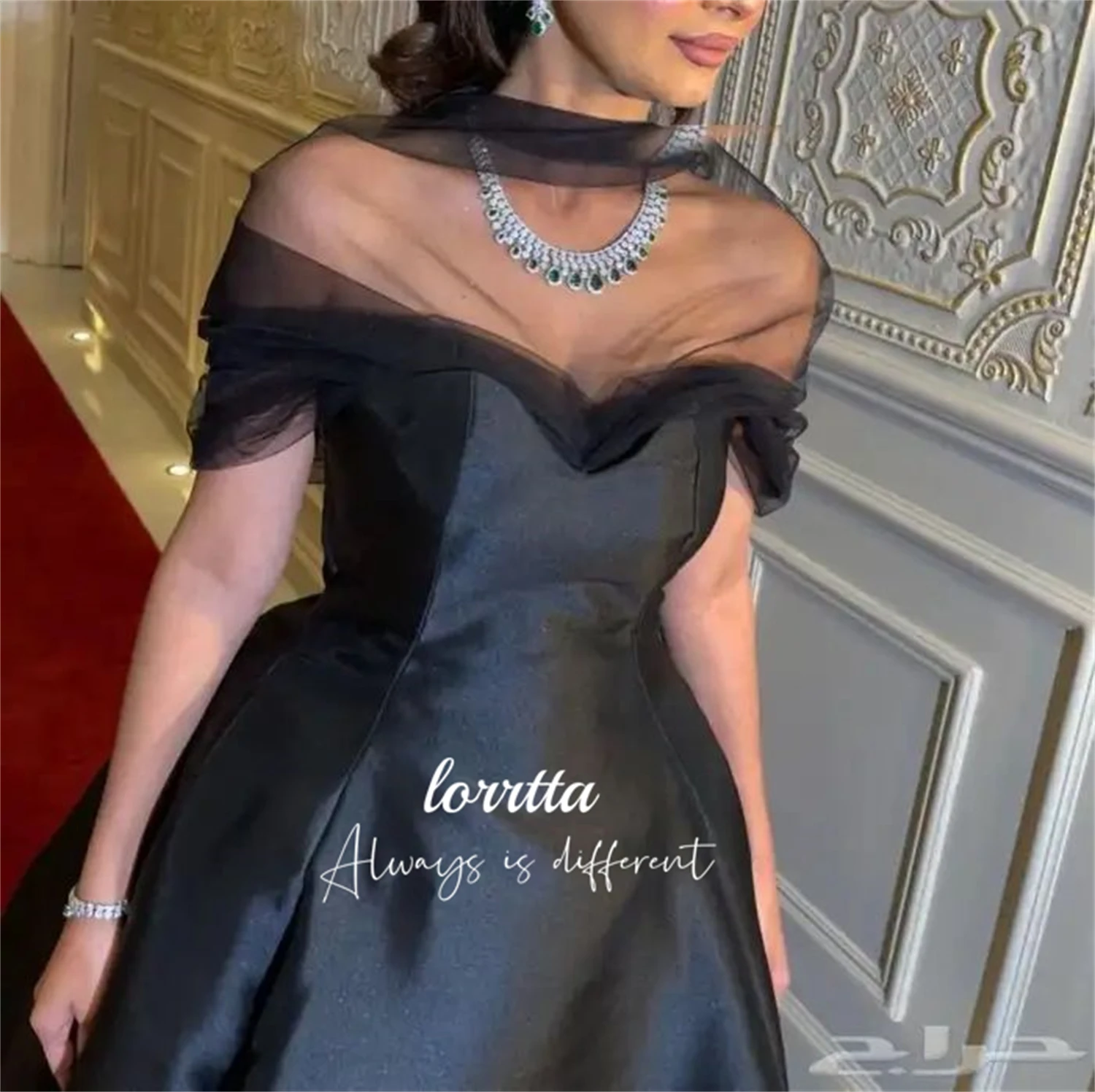 Lorrtta Black Evening Dress Line A Mesh Decoration Eid Satin Ball Gowns Elegant Party Dresses 2024 Customized Prom Gown Gala