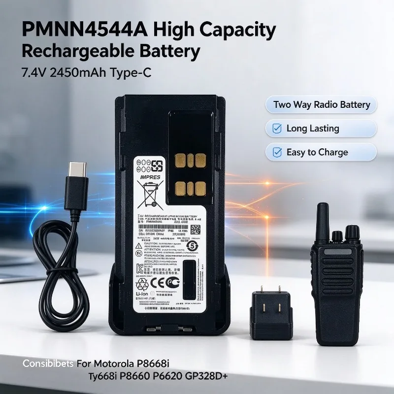 PMNN4544A 7.4V 2450mAh Type-C High Capacity Rechargeable Li-ion Battery for Motorola P8668i P8660 P6620 GP328D+ Two Way Radio
