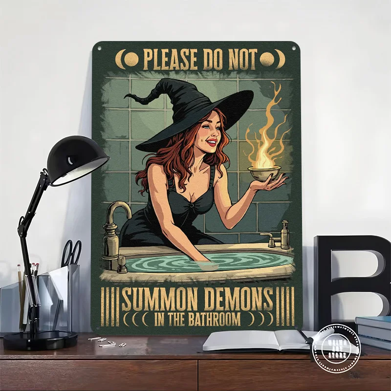 Please Don't Summon Demons in the Bathroom Tinplate Posters Customizable Wall Art Retro Vintage Metal Signs for Home Room Decor