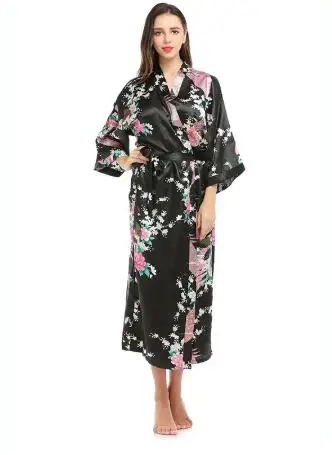 Womens Silk Satin Kimono Robes Long Sleepwear Dressing Gown Floral Peacock Printed Pattern Party Wedding Bridesmaid Bathrobe