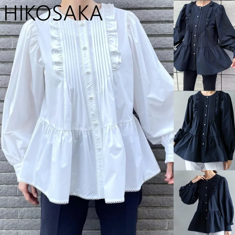 Simple O-neck Puff Sleeve Blouses Women Single Breasted Loose Pleated Patchwork A-line Blusas 2024 New Autumn Casual Camisas