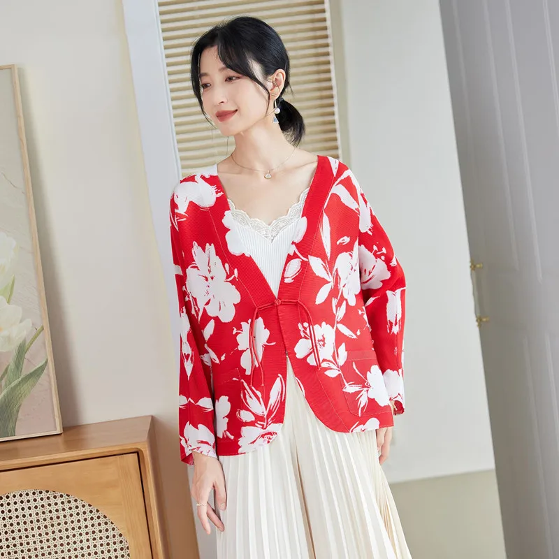 Top Red Women Spring And Autumn Long Sleeve Fashion Flower Printed Single Button Stretch Miyake Pleated Loose Chinese Style Coat