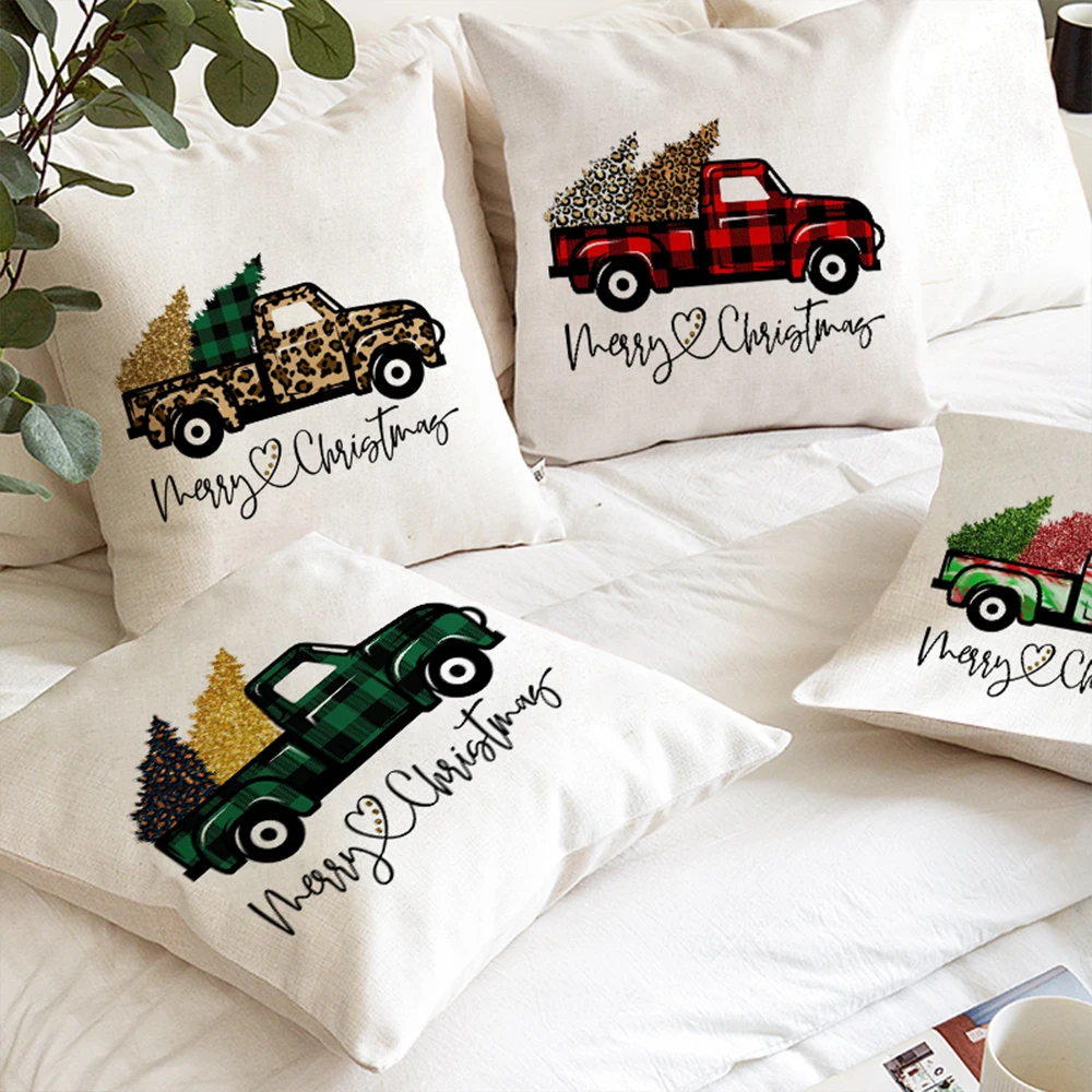 Linen Cushion Covers 45x45 Christmas Pillowcases for Sofa Couch Bed Modern Decorative Pillows for Home Decor Pickup Trucks