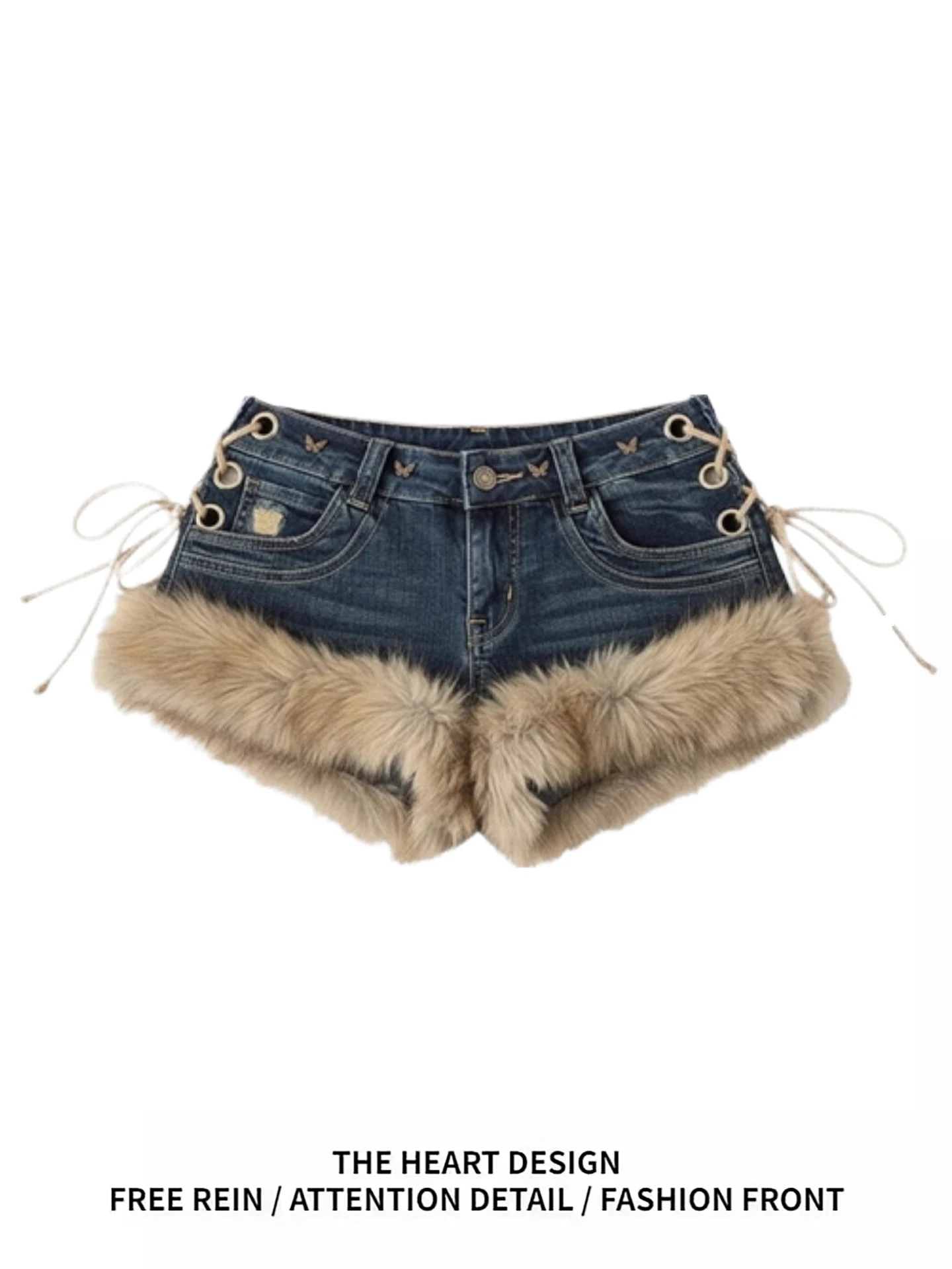 

Low Waist Denim orts Women's Design Sensation Splicing Fluffy Hot ort Pants American Retro Y2K Millennium Spicy Girl