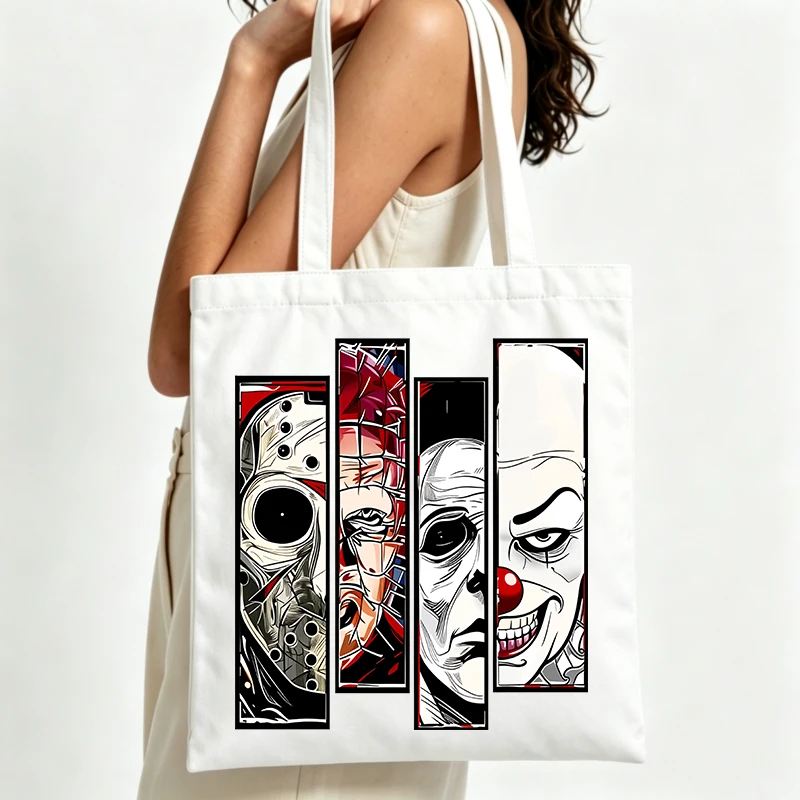 horror-inspired graphic canvas tote bag with artistic face prints, perfect for casual daily use and urban style outings