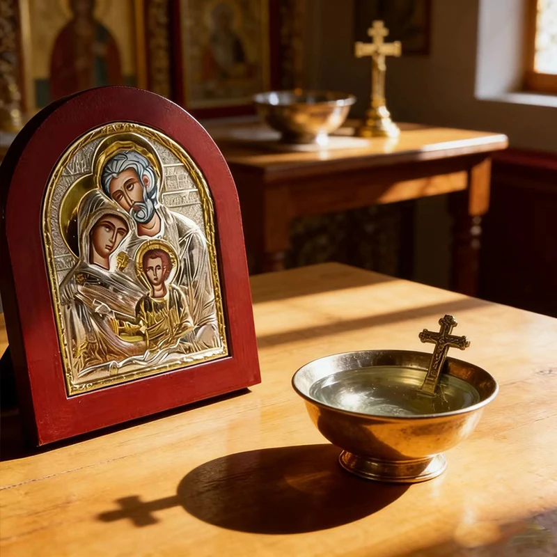 Handmade Silver Plated Holy Family Byzantine Orthodox Icon Wooden Religious Christian Home Altar Decor Spiritual Devotional Art