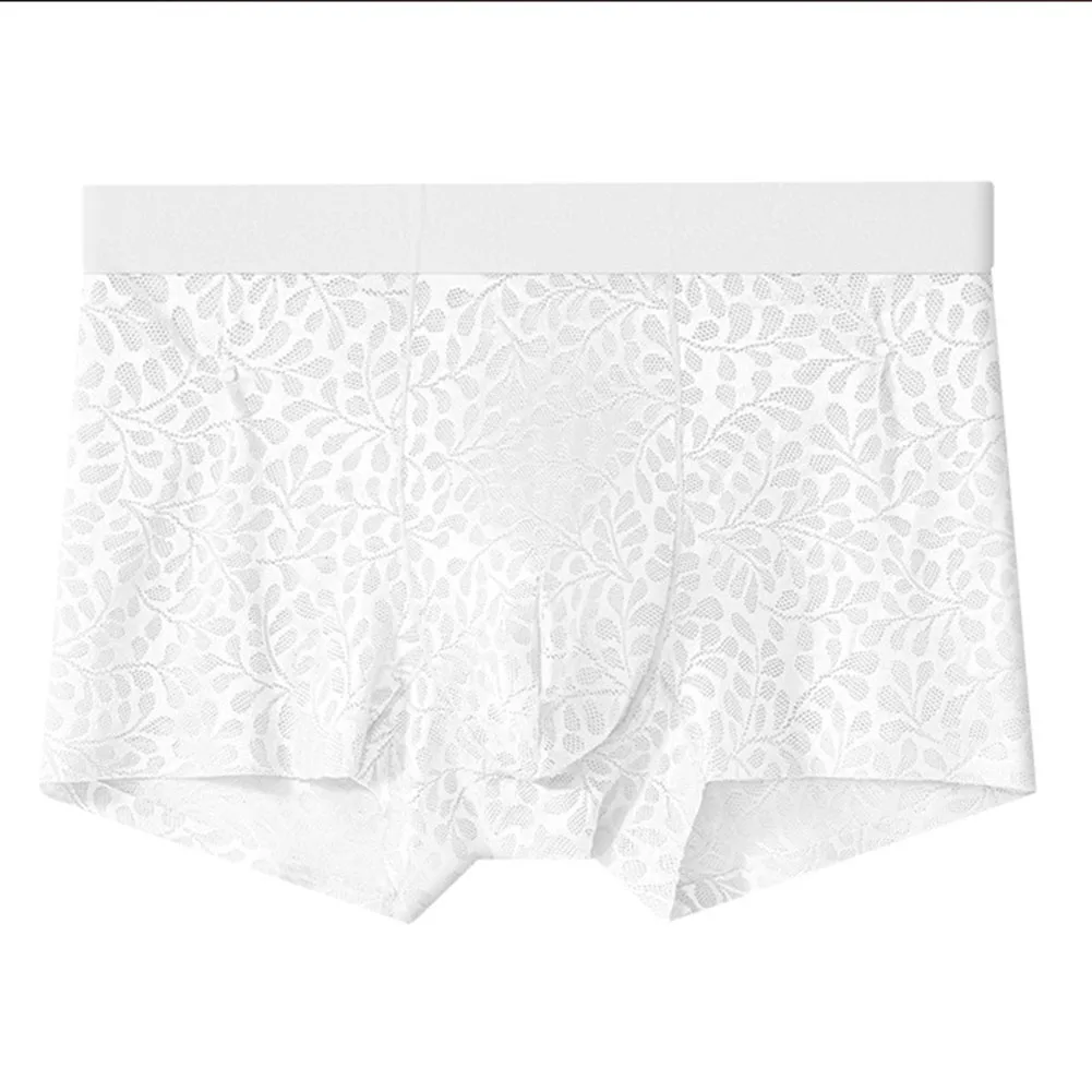 Men Jacquard Texture Lingerie Soft Boxer Shorts Mesh Bikini Translucent Trunks Erotic Underwear Stretch Underpants Loose Panties
