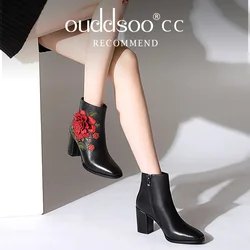 Ods Luxury Elegant Women Embroidery Flower Ankle Boots,Retro Ethnic Style Winter Shoes,Short Botas,Pointed Toe,Side Zip,BLACK 43