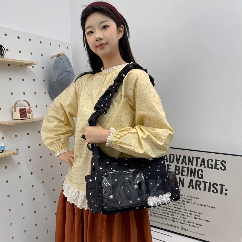 

Женские сумки через плечо с кружевным принтом и звездами, вместительные, с множеством карманов, студенческие сумки-ита, плиссированные сумки-тоут с ремешком для девочек