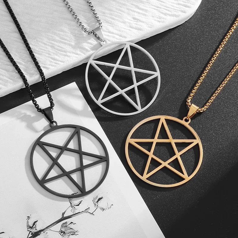 Retro Solomon Religious Witchcraft Pentagram Stainless Steel Pendant Necklace for Men and Women Fashion Lucky Jewelry