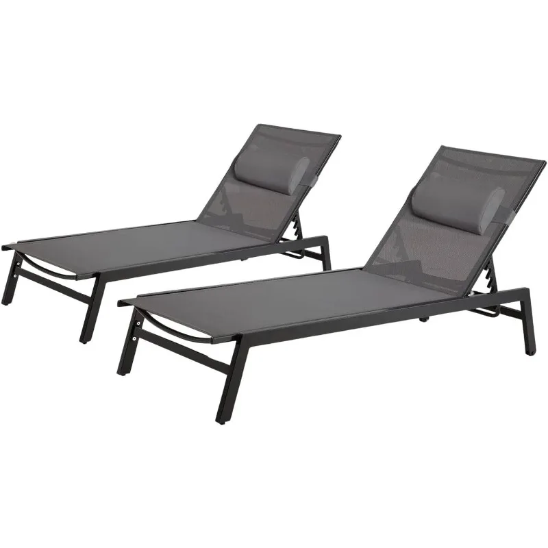 

Aluminum Chaise Lounge Chairs Outdoor, Set of 2 All-Weather Patio Loungers with 5-Position Adjustable Backrest, Reclining Chair