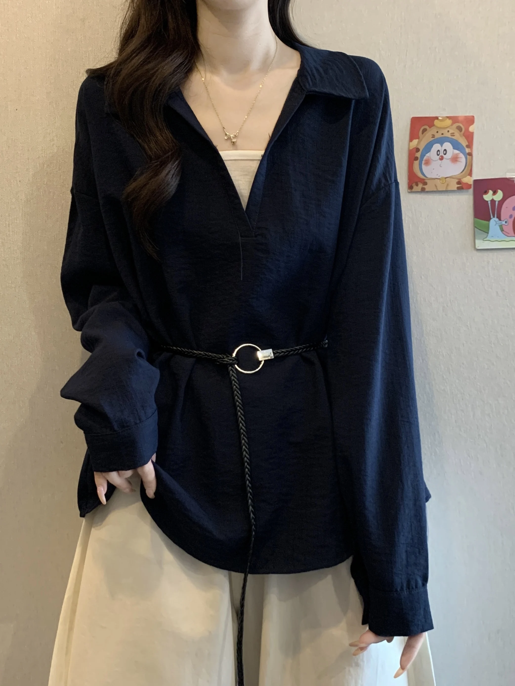 

Fashionable V-Neck Long Sleeve Shirt Women's plus Size Spring 2026 New Style Waist-Cinching Belly- Concealing Top Korean Styl...