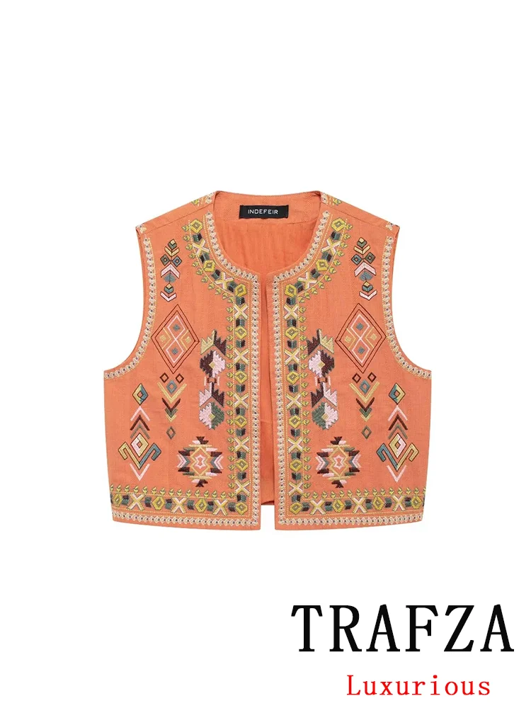 TRAFZA Casual Vintage Women Embroidery Print O-Neck Sleeveless Open Stitch Straight Jackets Coats New Fashion 2024 Autumn Vests