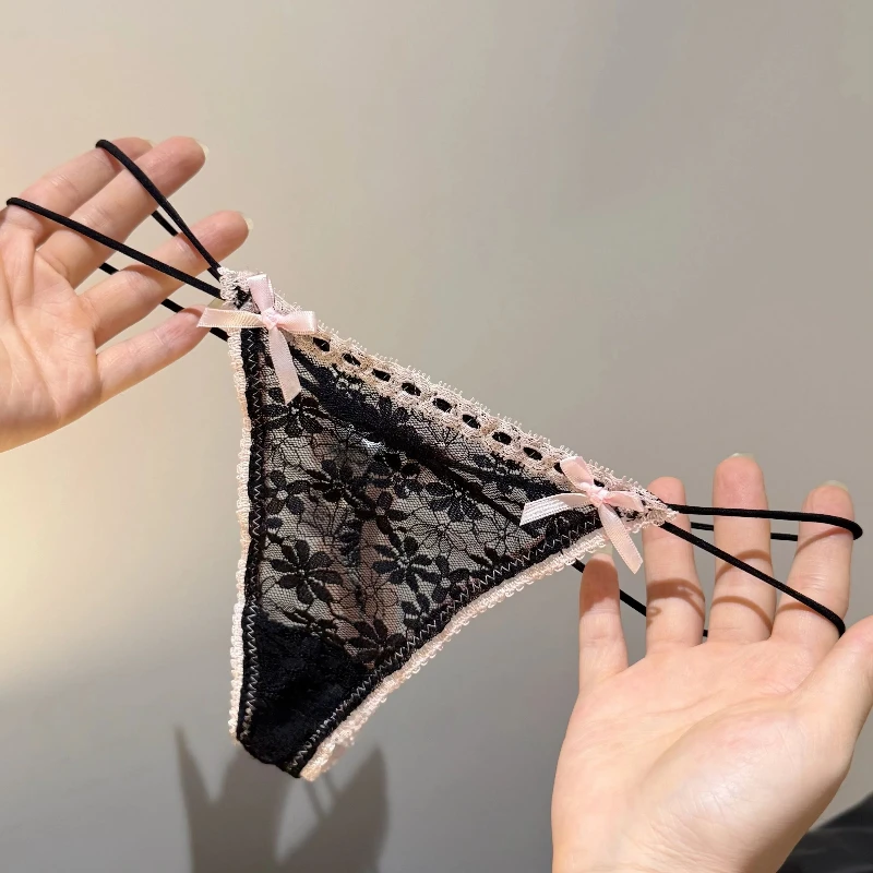 Damskie majtki, figi, seksowna koronkowa bielizna z kokardką, damska bielizna z niskim stanem, transparentne, oddychające stringi, bielizna, стринги