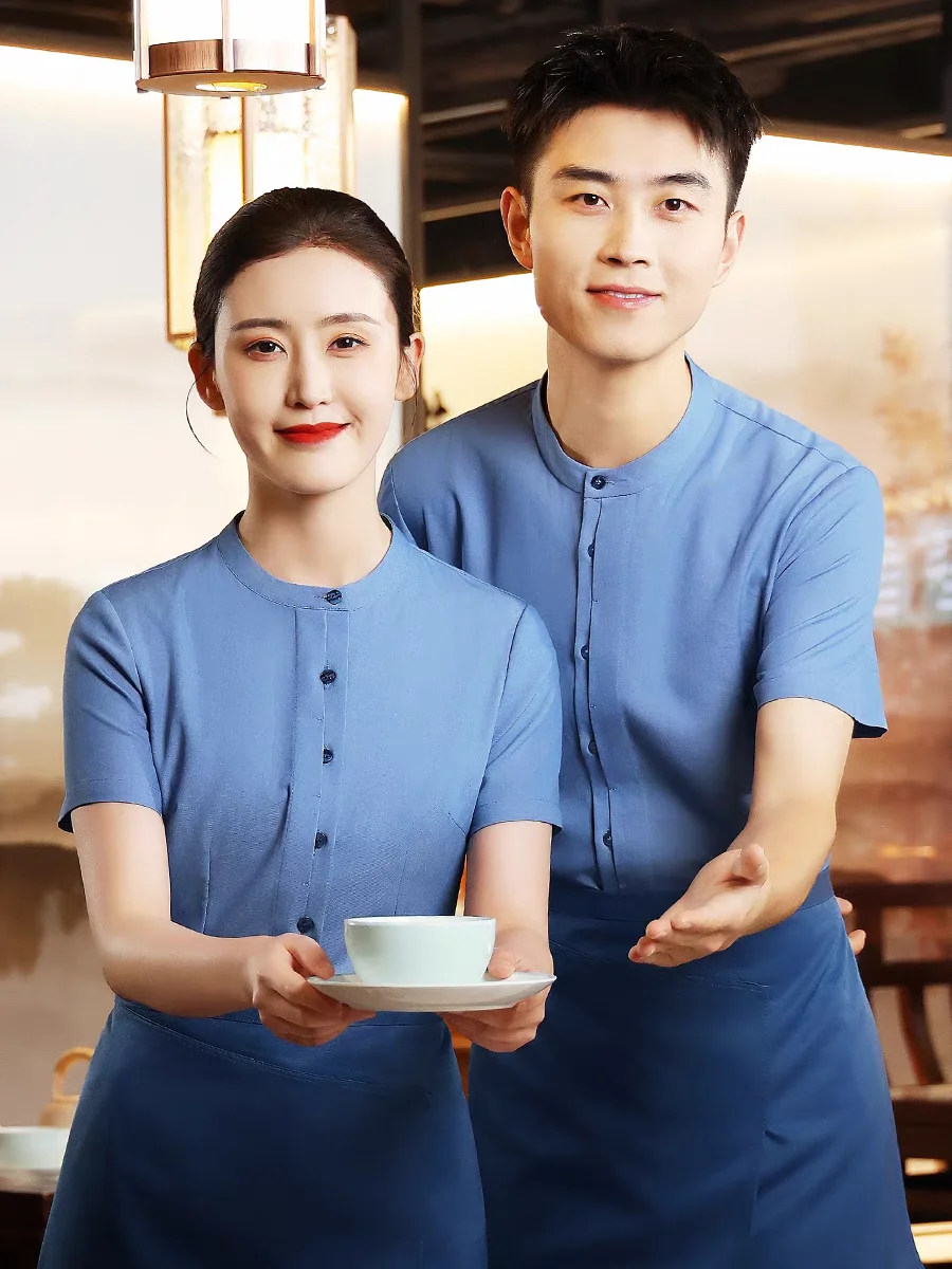 

Free Shipping Work Clothes Custom Catering Hotel Canteen Staff Workwear Summer Hot Pot Restaurant Short-sleeved Waiter Uniform