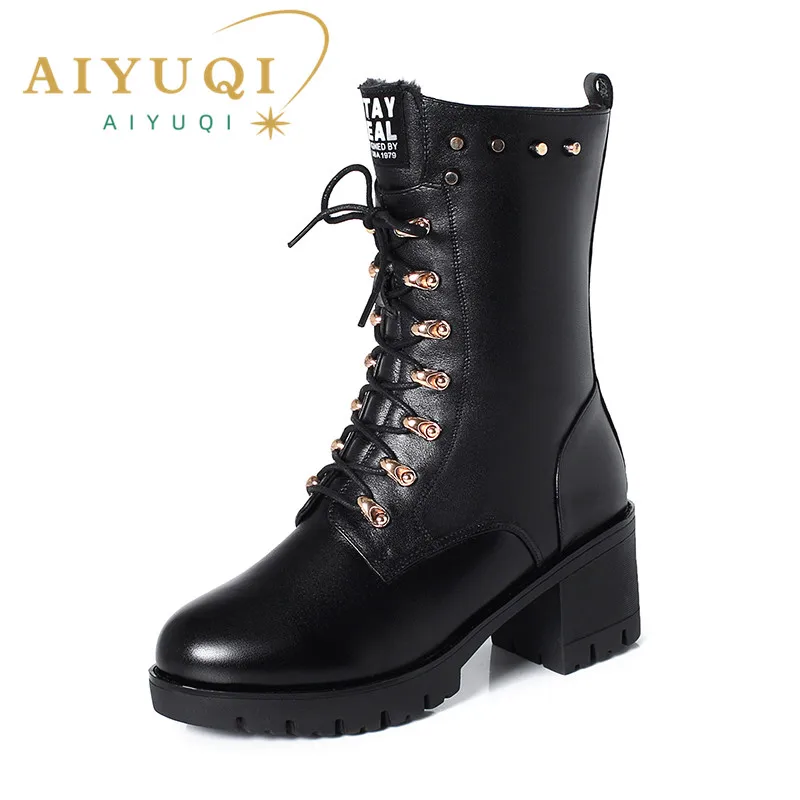 

AIYUQI Women Boots Winter Mid-calf Boots Studded Women Marton Boots Genuine Leather Large Size 43 Wool Warm Motorcycle Boots