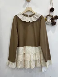 2025 Mori Girl Winter Lace Collar Patchwork Base T-shirt Women Japan Style Sweet Cotton Long Sleeve Tops Cute Clothes