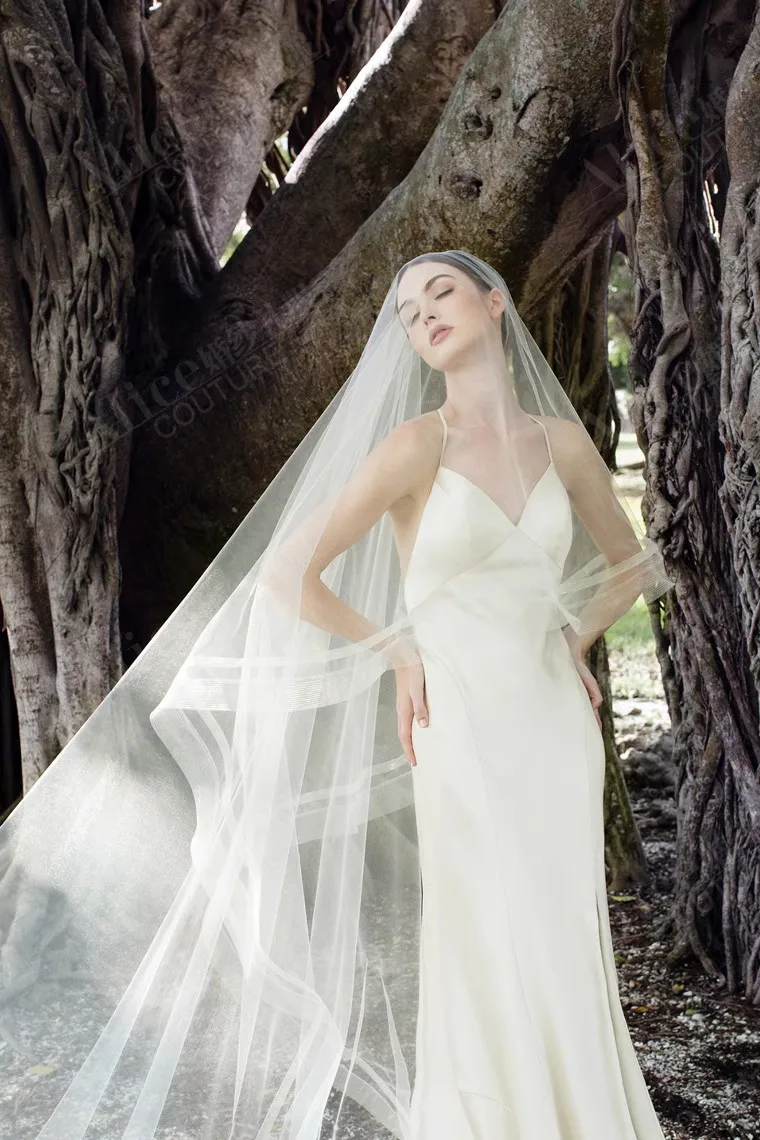 2Tiers 4M Oval Shaped Organza Ribbon Cathedral Veil Wedding Silk Satin Horsehair Bridal Veils Long Blusher