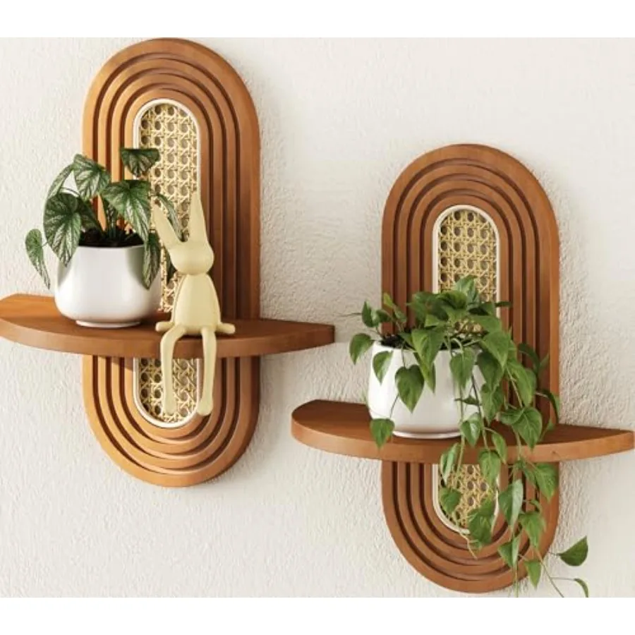 

Floating Shelves for Wall Boho Home Wall Decor Rattan Plant Shelf Set of 2 Mid Century Small Decorative Shelf Natural Wood Shel