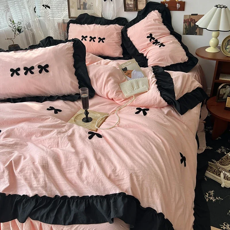 French Bow Towel Embroidery Bed Sets Princess Style Skin-Friendly Lace Bedding Set Comfortable Two-Color Bedclothes for Single