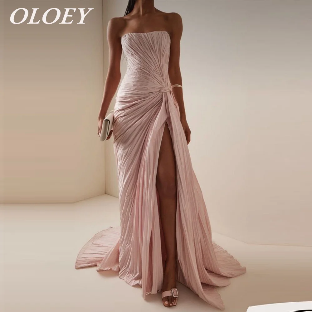 

OLOEY Elegant Strapless Pink Evening Dress Pleat Chiffon A Line Wedding Party Gown Customized فستان بيكو Side Split