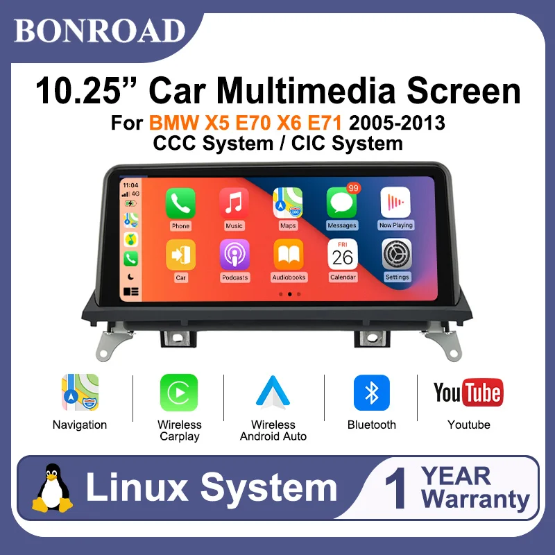 BONROAD, display touchscreen Linux da 10,25 pollici per BMW X5 E70 e X6 E71, modelli 2007-2013, compatibile con il sistema CCC/CIC, per l'aggiornamento del sistema multimediale dell'auto, con Carplay