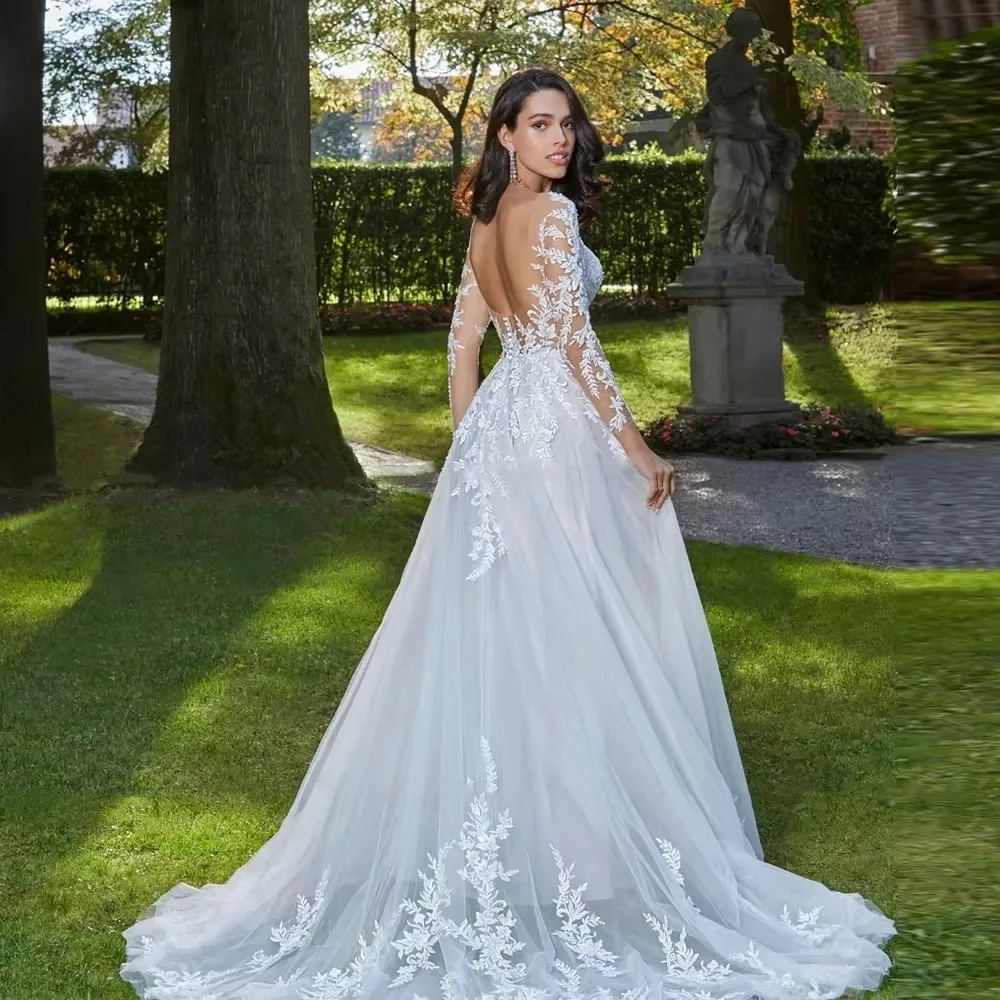 Personalizado manga longa robe renda applique vestido de casamento sem costas vestidos de noiva a linha o-pescoço vestido de noiva