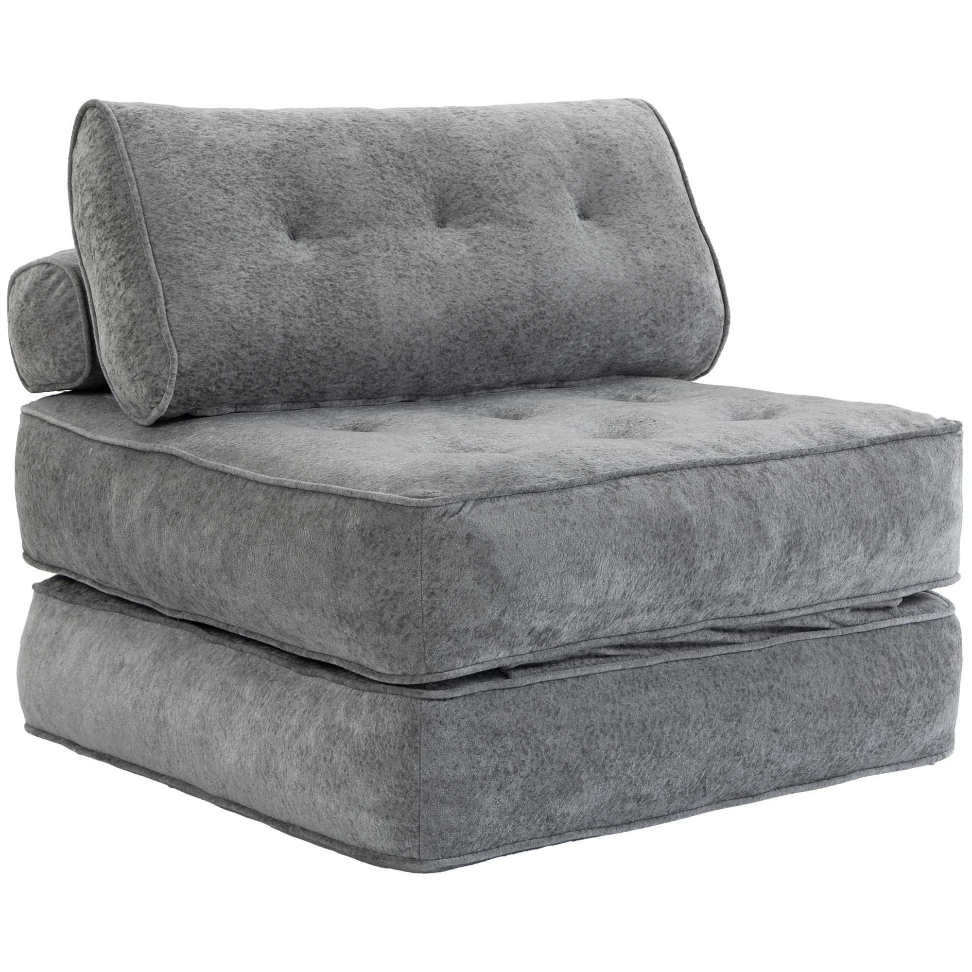 Poltrona 3 in 1 trasformabile, 95x220 cm, seduta imbottita, 2 cuscini, colore grigio chiaro.