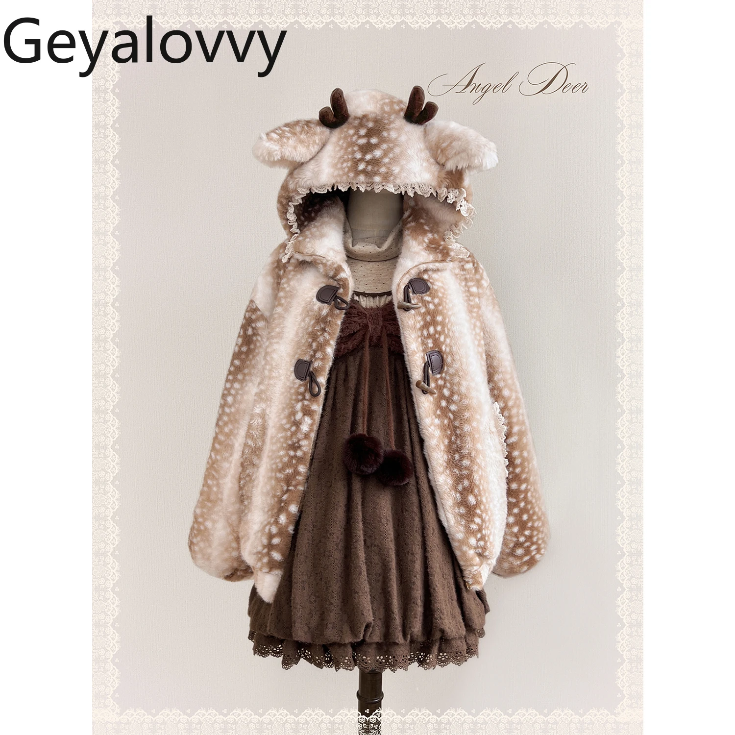 Cappotto con cappuccio stile foresta carino con motivo cervo Cappotto invernale in pelliccia sintetica con bottoni in corno versatile per ragazze dolci