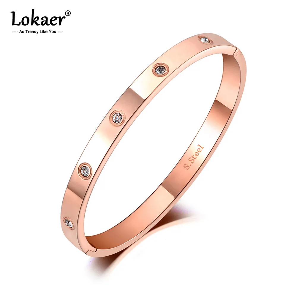 Lokaer Luxury CZ Crystal 6mm Cuff Bangles For Women Gold Plated Cubic Zirconia Love Titanium Stainless Steel Bracelets B19062