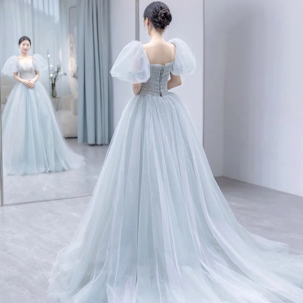 Prom Dresses Square Collar Floor-Length Tulle Evening Dresses Pleat A-LINE Prom Dress with Puff Sleeve Customized