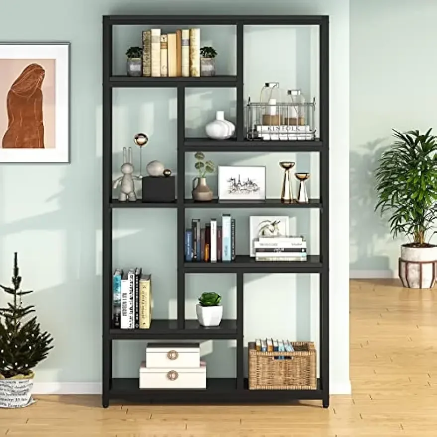 79 Inch Bookshelf, 7-Tier Tall Bookcase with 10-Open Shelf, Wood and Metal Book Shelf Storage Shelves for Bedroom, Living Room