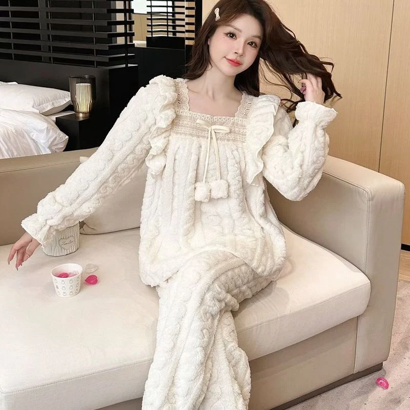 

Зимние милые кружевные пижамные комплекты принцессы с длинными рукавами, толстые теплые фланелевые пижамные комплекты для женщин, корейская милая одежда для сна, домашняя одежда