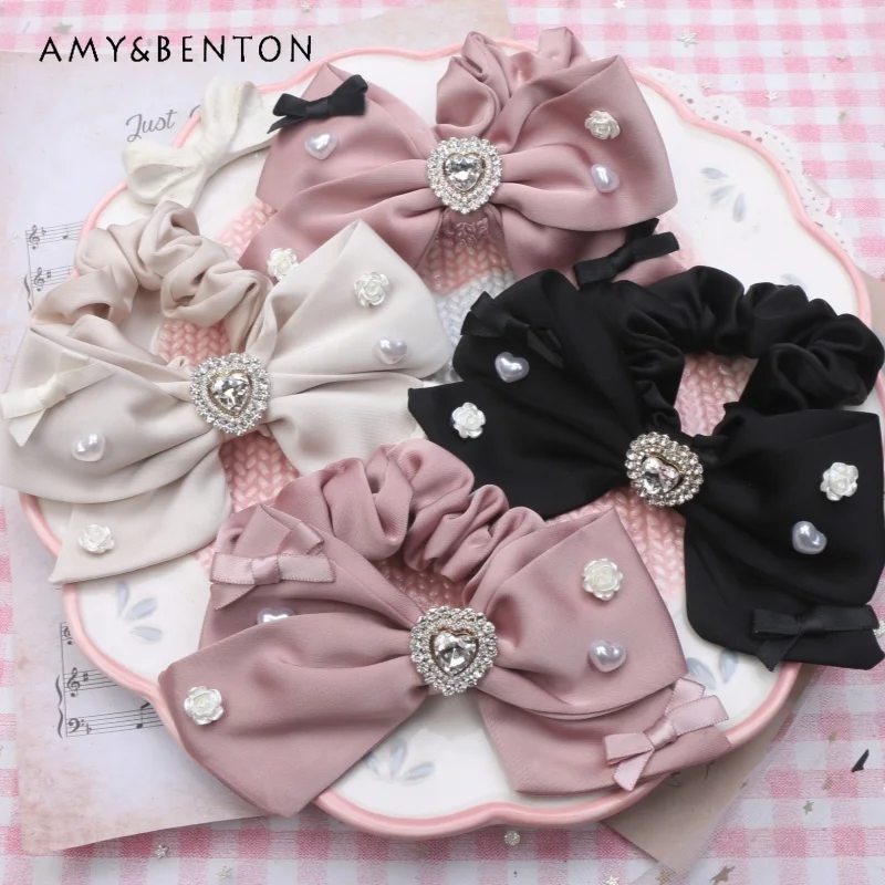 Handmade Sweet Gentle Cute Big Bow Heart Shape Rhinestone Elastic Hair Bands Lolita Girl Hair Accessory Mine Series Headband